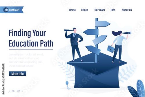 Finding your education path, landing page. Decision to take academic course. Choosing training course or specialty. Students looking right direction to go at signpost