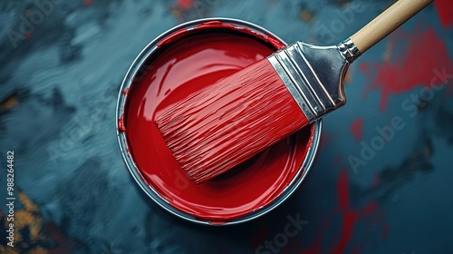 Red Paint Can with a Brush Dipped in the Paint