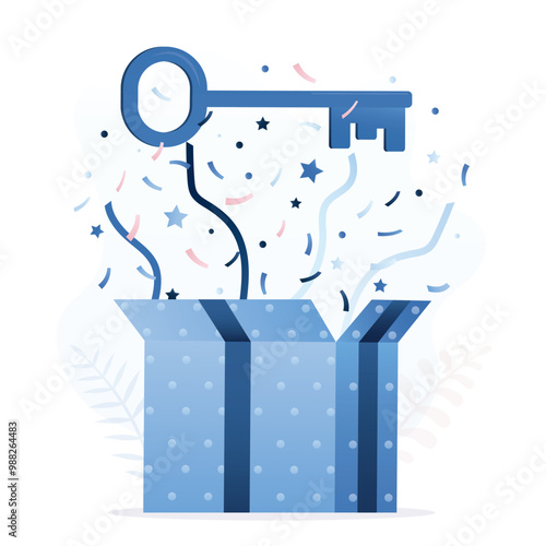 Bonus key, gift box on white background. Winning prize poster. Award, celebration. Celebrating, win gift box with key. Extra bonus label banner. Unlocked surprise gift