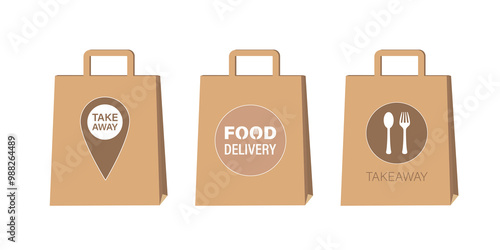 Set of three paper bags with inscriptions and signs. Delivery service. Take away paper food bag. Colorful icons, logo or sign for web, print