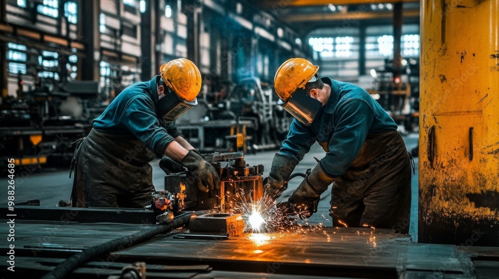 Two workers factory industrial setting They are wearing Oil protective Two workers factory industrial setting They are wearing Oil protective