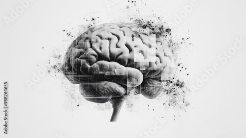 Abstract brain background. Photocopy stippled style with collage elements of brain