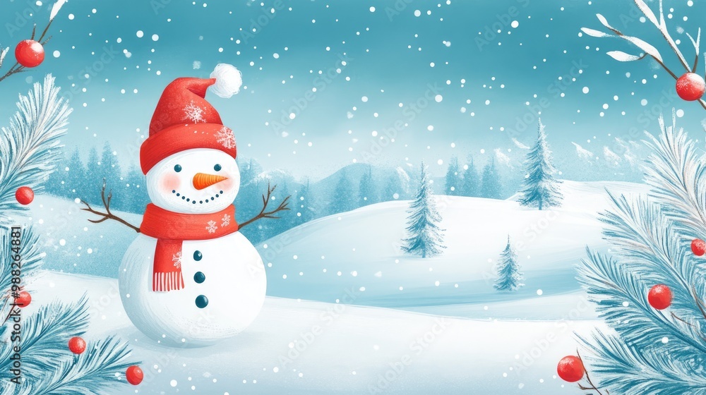 Festive backdrop featuring a snowman amidst a winter landscape Festive backdrop featuring a snowman amidst a winter landscape