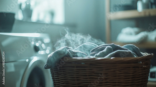 a modern laundry room, focusing on a basket overflowing with unwashed, musty-smelling sportswear