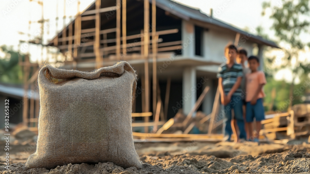 a sack labeled with a clear symbol or text representing financial support, placed prominently in front of a family and a house under reconstruction a sack labeled with a clear symbol or text representing financial support, placed prominently in front of a family and a house under reconstruction