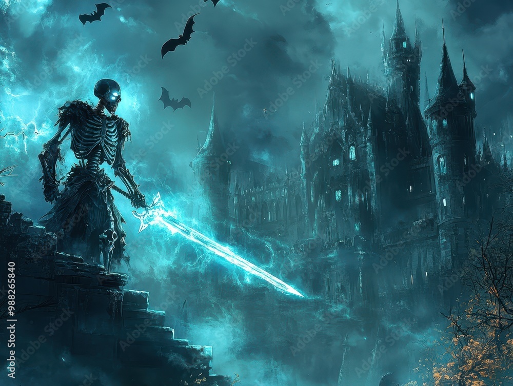 Fototapeta premium A skeletal warrior with a glowing sword stands before a dark castle.