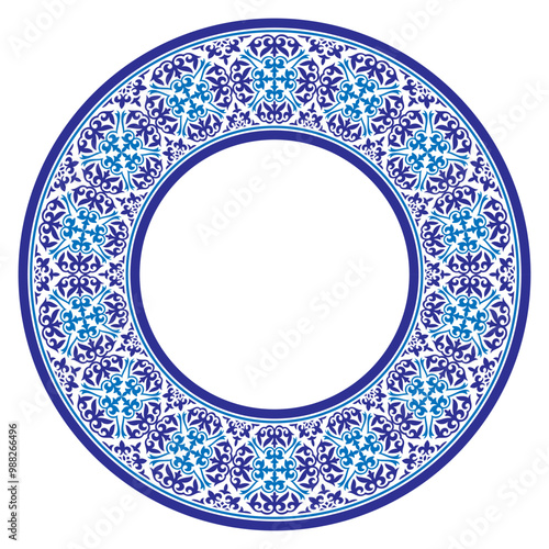 Blue Ethnic Asia national round frame. Ethnic Asia ornament of the nomadic peoples of Asia, the Great Steppe, Kazakhs, Kirghiz, Kalmyks, Mongols, Buryats, Turkmens. For sandblasting and ceramics