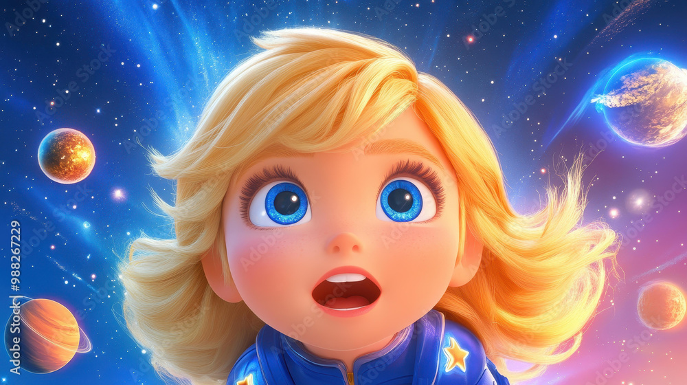 A charming girl with golden locks and bright eyes soars through space, exploring a vibrant world of planets and dreams. A charming girl with golden locks and bright eyes soars through space, exploring a vibrant world of planets and dreams.
