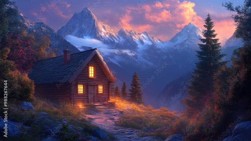Serene Mountain Cabin at Sunset: Tranquility in the Wilderness Serene Mountain Cabin at Sunset: Tranquility in the Wilderness