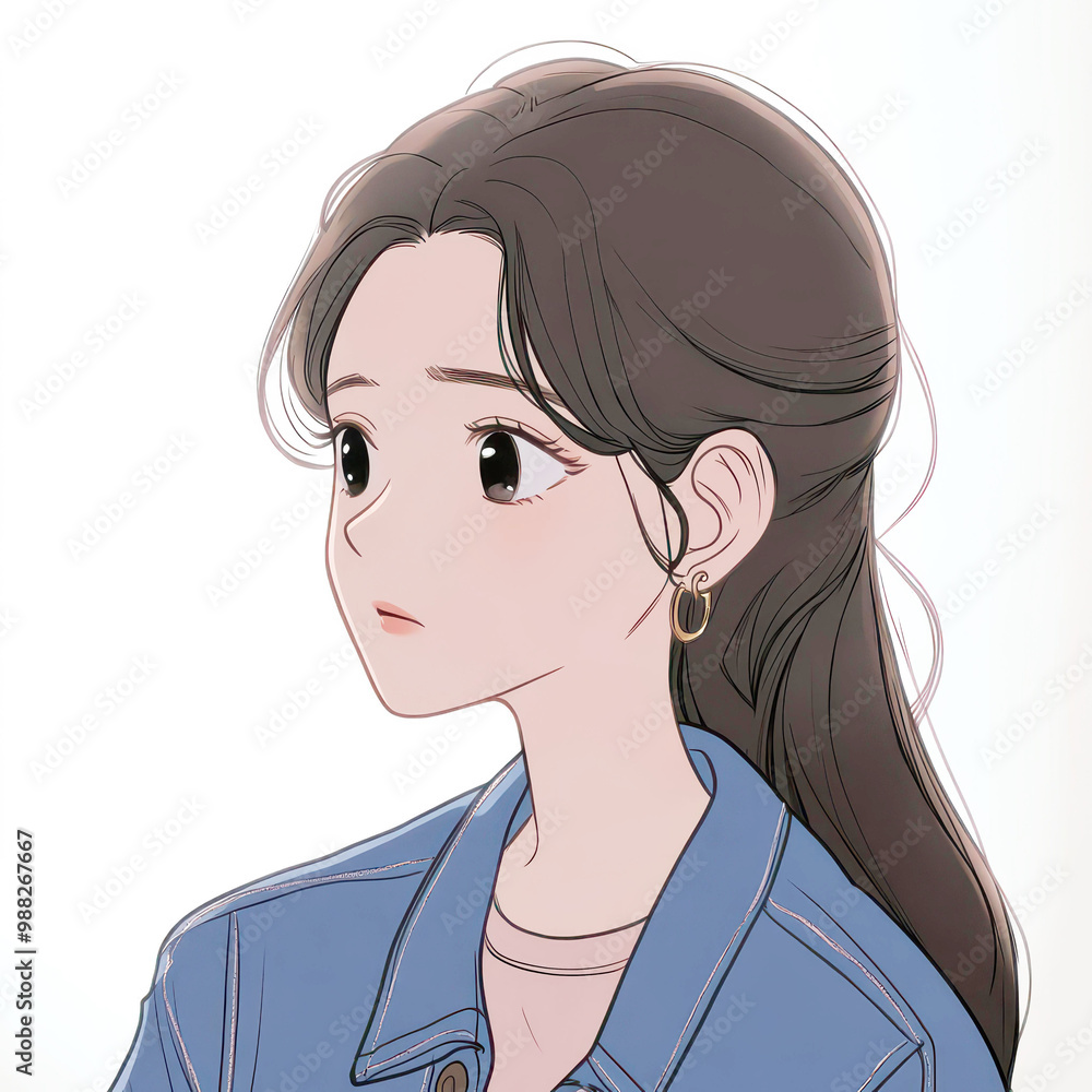 A webtoonstyle comic showcases a seated woman from the right side, capturing her unique style and expression. A webtoonstyle comic showcases a seated woman from the right side, capturing her unique style and expression.