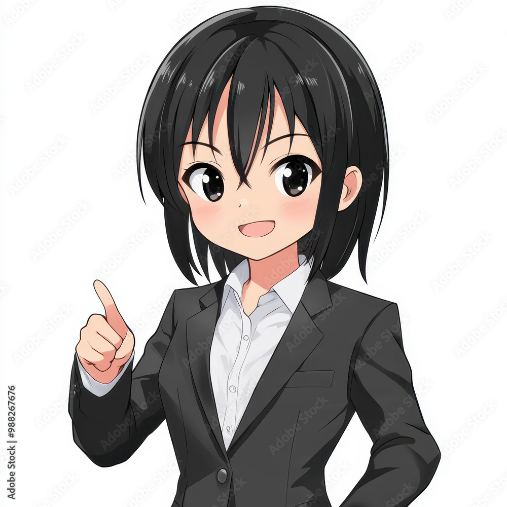 A vibrant Chibistyle illustration of a joyful woman in a suit, radiating positivity with her cheerful expression. A vibrant Chibistyle illustration of a joyful woman in a suit, radiating positivity with her cheerful expression.