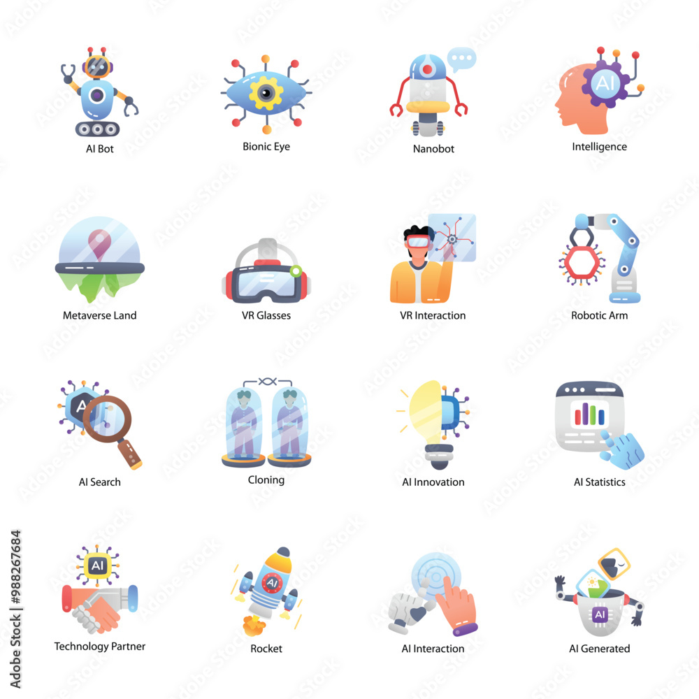 Fototapeta premium Pack of 16 Artificial Intelligence and ML Flat Icons
