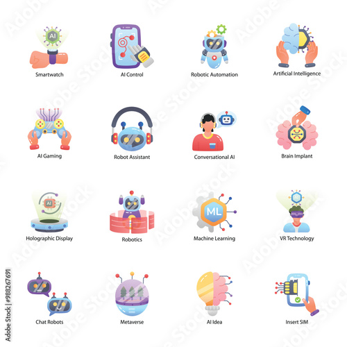 Set of Artificial Intelligence and Robotics Flat Icons