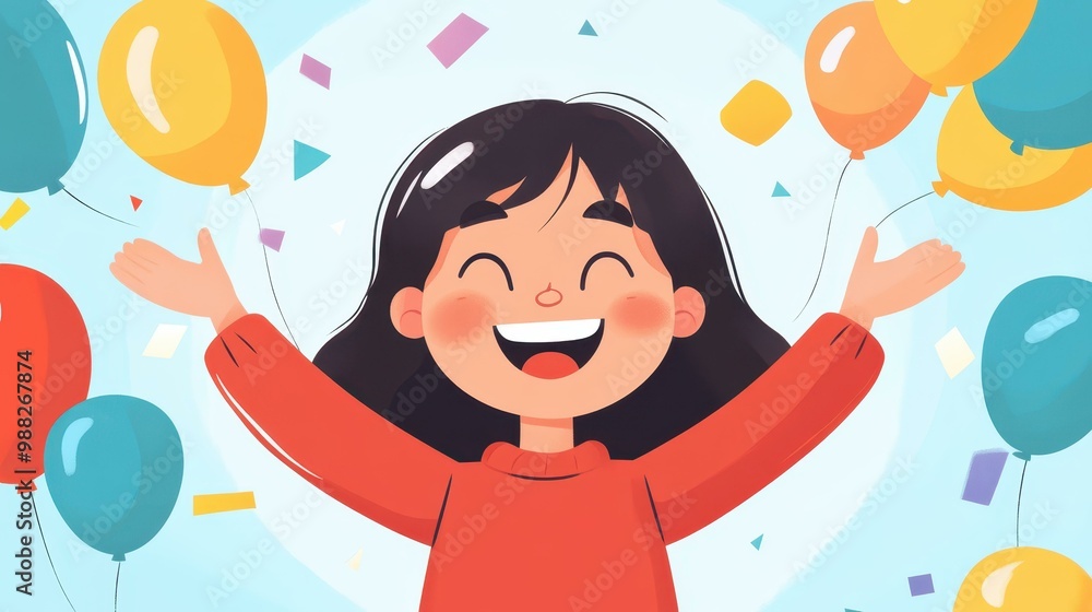 Naklejka premium A cheerful girl beams with joy, surrounded by colorful balloons against a bright background, dressed in vibrant red.
