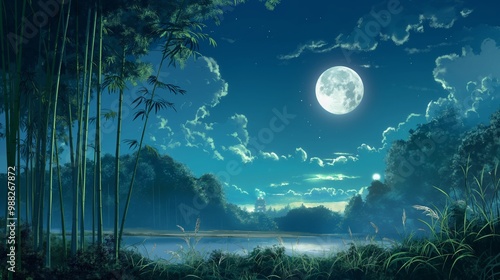 anime background of full moon with beautiful lake