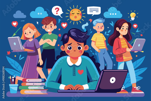 A young person sits at a laptop, expressing concern while surrounded by peers engaged with devices, highlighting the emotional effects of cyber bullying.