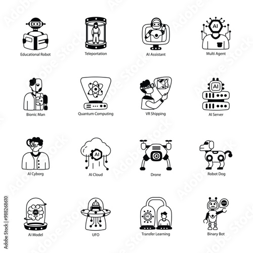 Bundle of 16 Machine Learning and AI Glyph Icons  

