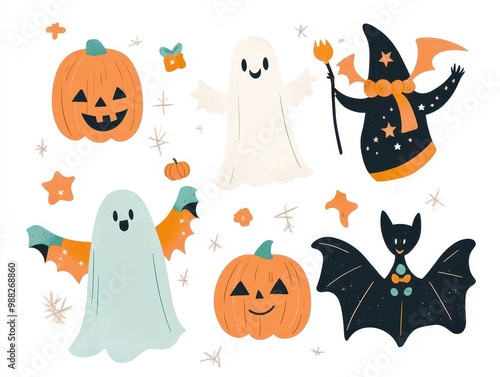 Halloween Decorations with Pumpkins, Ghosts, and a Bat