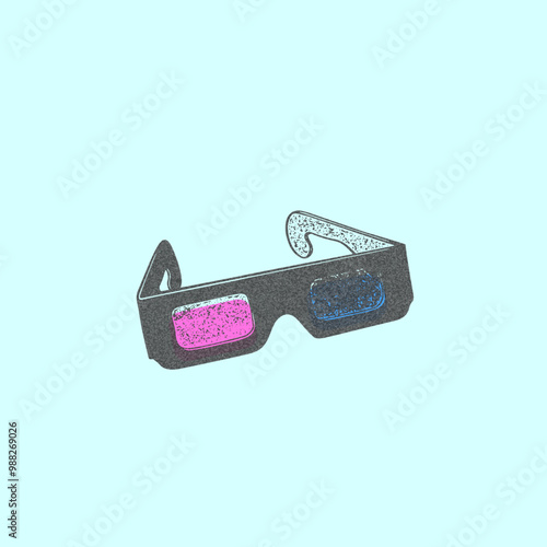 Vector illustration of 3D glasses print with grainy photocopy effect.