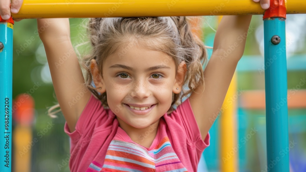 Fototapeta premium Monkey Bars: A fun set of horizontal bars suspended for kids to swing across, encouraging upper body strength development and coordination in play. 