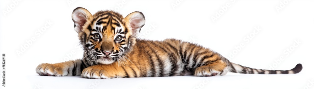 Fototapeta premium A playful young tiger cub resting gracefully, showcasing its iconic stripes and vibrant fur in a serene setting.