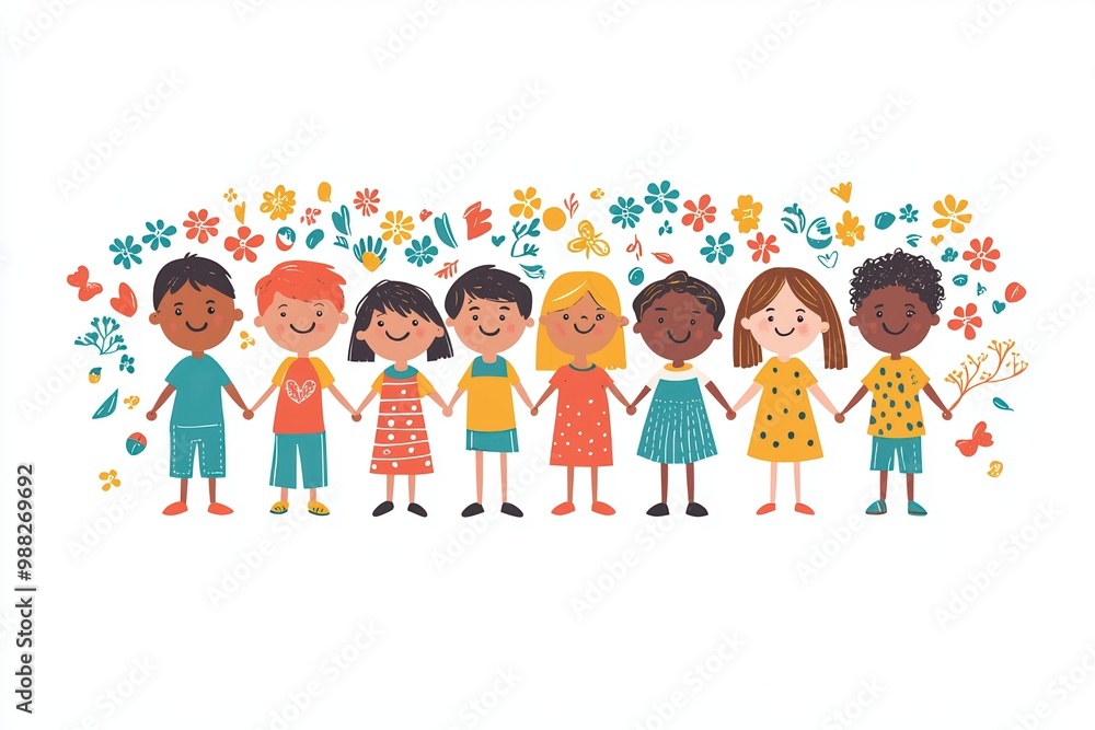 A vibrant illustration of diverse children holding hands, surrounded by flowers, symbolizing friendship and unity. A vibrant illustration of diverse children holding hands, surrounded by flowers, symbolizing friendship and unity.