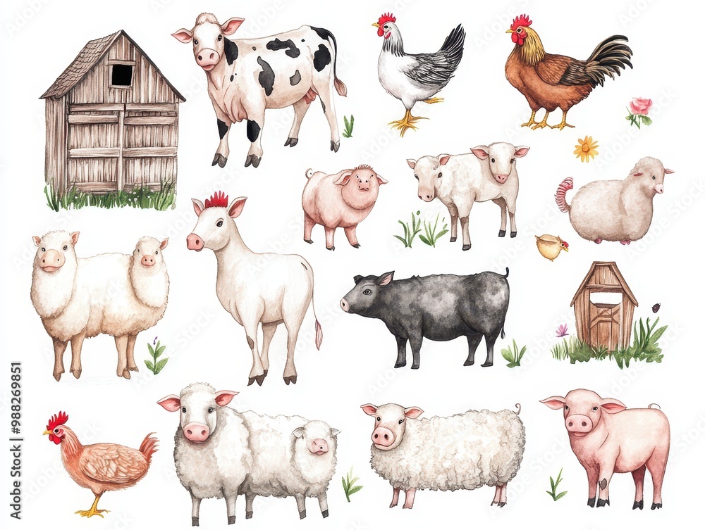 Fototapeta premium Watercolor Illustration of Farm Animals and Barnyard Structures