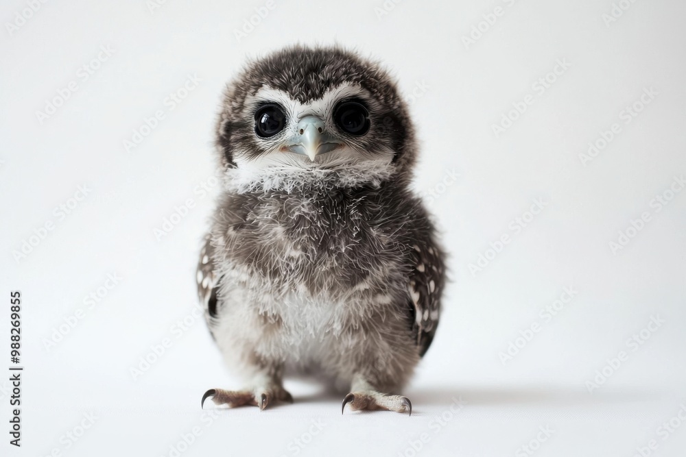 Obraz premium Adorable baby owl with fluffy feathers and wide eyes, showcasing the charm of wildlife in a minimalist setting.