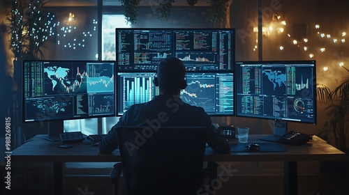 A financial analyst reviewing stock market trends on multiple screens in a dimly lit office 