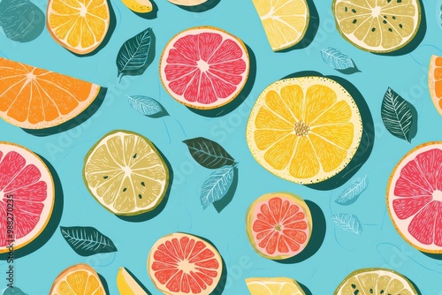 Colorful arrangement of various citrus fruits and leaves on a vibrant turquoise background, perfect for fresh and healthy themes.