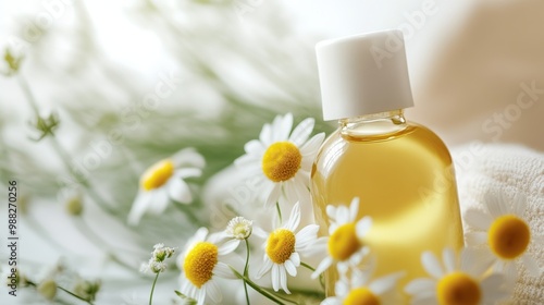 Close-up of a shampoo bottle meant for sensitive scalp care, paired with natural ingredients like chamomile and tea tree oil