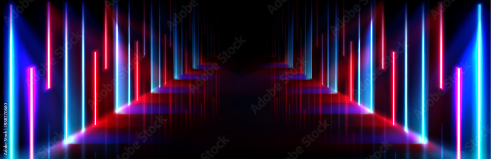 Neon light corridor background. Abstract led and laser stage in futuristic club room. Empty dance concert hall for fashion party. Cyber interior bg with catwalk and glow line in pink and blue. Neon light corridor background. Abstract led and laser stage in futuristic club room. Empty dance concert hall for fashion party. Cyber interior bg with catwalk and glow line in pink and blue.