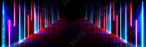 Neon light corridor background. Abstract led and laser stage in futuristic club room. Empty dance concert hall for fashion party. Cyber interior bg with catwalk and glow line in pink and blue.