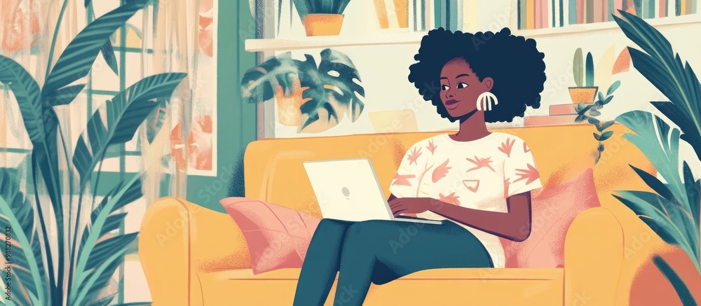 Black woman freelancer using laptop at home engaging in social media conversations during a period of isolation Black woman freelancer using laptop at home engaging in social media conversations during a period of isolation