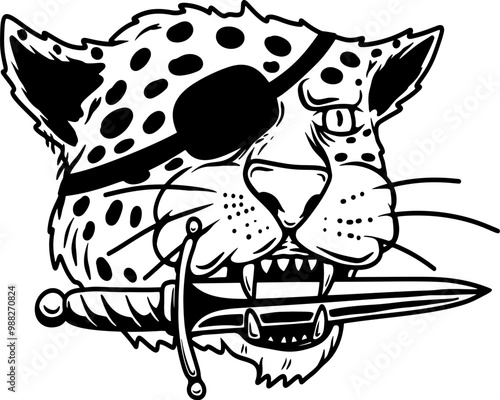 Jaguar with dagger in teeth. Design element for emblem, sign, badge, poster. Vector illustration