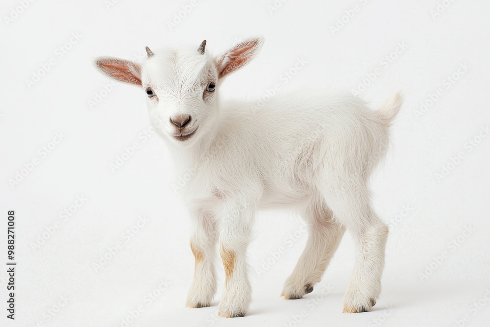 Playful baby goat standing on a white background, showcasing its adorable features and fluffy fur, perfect for animal lovers. Playful baby goat standing on a white background, showcasing its adorable features and fluffy fur, perfect for animal lovers.