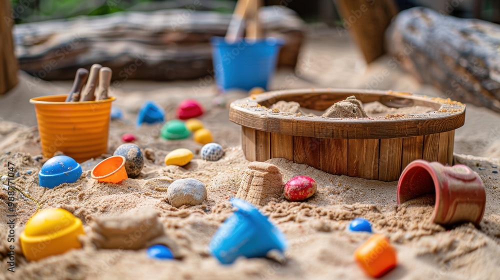 Sandbox: A big, shallow box filled with sand where kids can dig and build castles, encouraging sensory play with buckets, shovels, and other toys.
Sandbox: A big, shallow box filled with sand where kids can dig and build castles, encouraging sensory play with buckets, shovels, and other toys.
