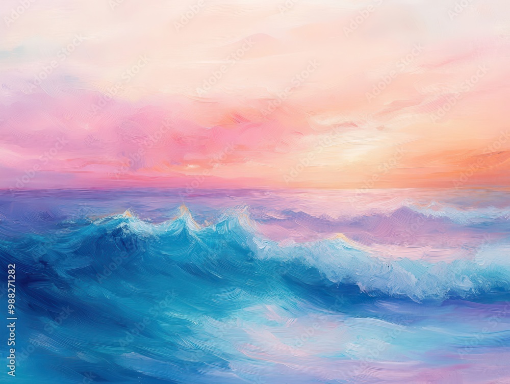 Abstract Oil Painting of a Pink Sunset Over Ocean Waves Abstract Oil Painting of a Pink Sunset Over Ocean Waves