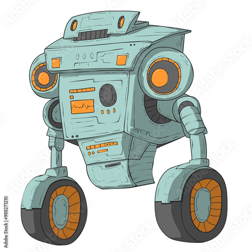 cyan robot machine with two wheels for movement character design clipart PNG