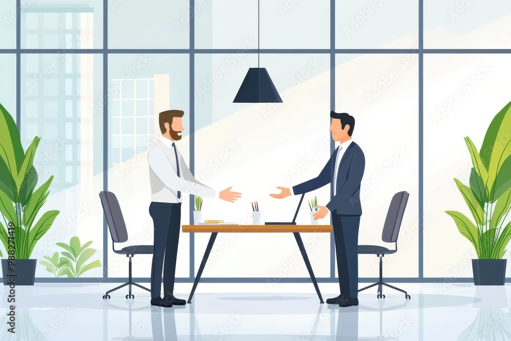 Two businessmen engaging in a professional handshake in a modern office with plants and large windows. Two businessmen engaging in a professional handshake in a modern office with plants and large windows.