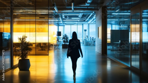 Solitary Figure in a Modern Office Corridor at Sunset