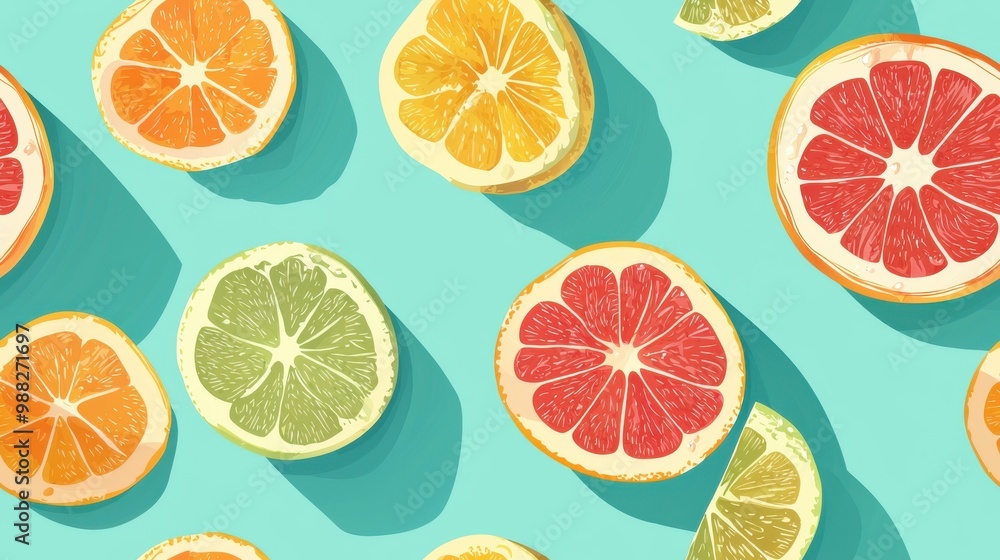 Vibrant collection of sliced citrus fruits on a turquoise background, showcasing colorful textures and fresh, juicy appeal. Vibrant collection of sliced citrus fruits on a turquoise background, showcasing colorful textures and fresh, juicy appeal.
