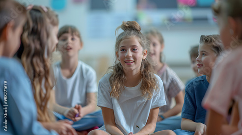 Group of school children friends sitting in a circle in the classroom and listening girl classmate discussing summer holiday applauding her. Junior students talking during a lesson