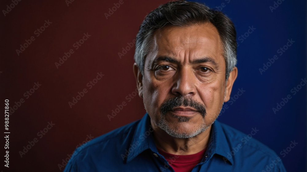 Fototapeta premium Portrait of a Serious Senior Man with a Beard in Blue Clothing - Authentic Headshot Capturing Mature Confidence and Intriguing Personality