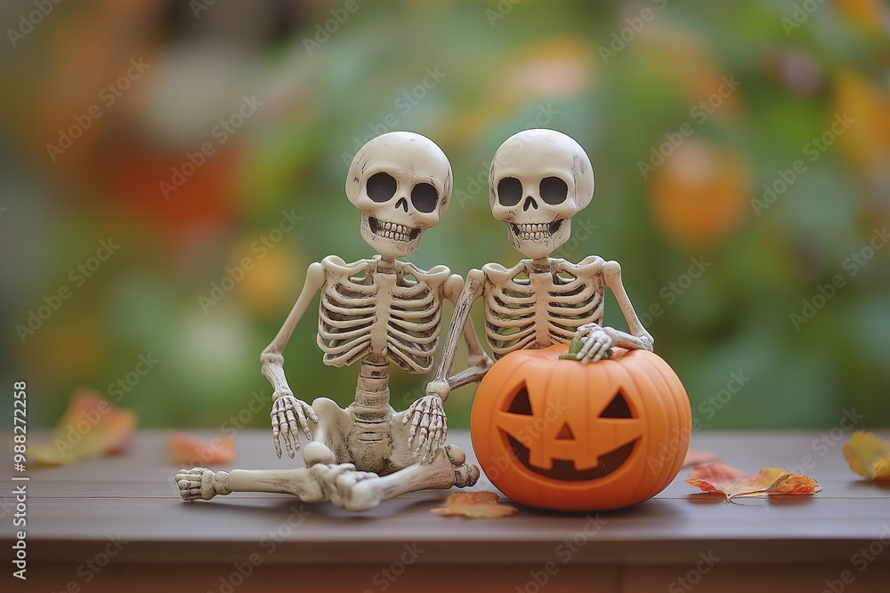 Skeletons figurine with pumpkin, Halloween decoration, spooky ambiance, festive autumn decor, eerie, creepy, table setting, holiday craft, glowing lights, Halloween concept Skeletons figurine with pumpkin, Halloween decoration, spooky ambiance, festive autumn decor, eerie, creepy, table setting, holiday craft, glowing lights, Halloween concept