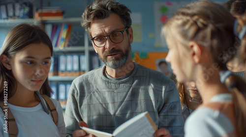 Group of students having class with their creative teacher. Male teacher showing a book and explaining the assignment to young men and women who are standing around him in the class