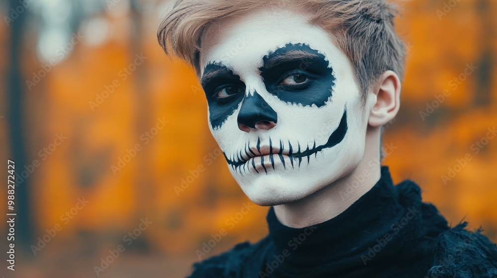 A man dons skull makeup, gazing thoughtfully into the distance amid a softly blurred autumn forest backdrop. A man dons skull makeup, gazing thoughtfully into the distance amid a softly blurred autumn forest backdrop.
