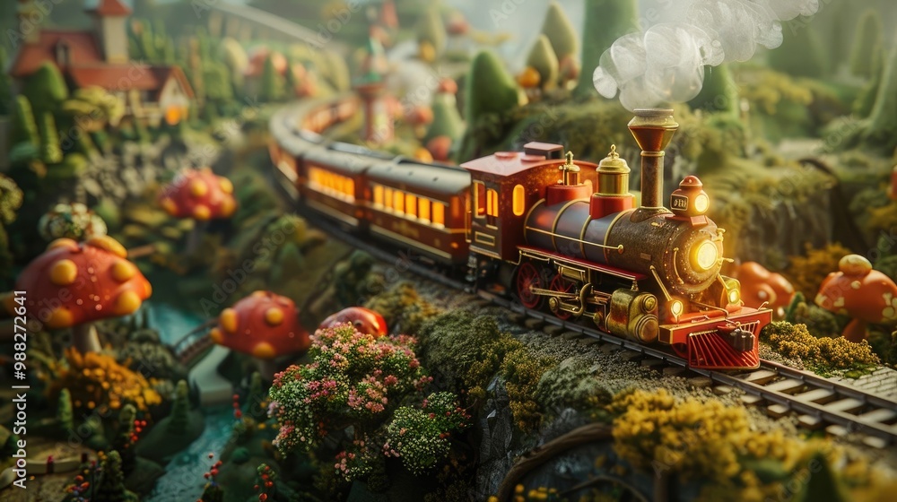 Imaginative Toy Train Adventure: A 3D Model Depicting a Fantastical Train Journey Through a Landscape of Animated Toys, Powered by the Imagination, Evoking a Whimsical and Enchanting Atmosphere Imaginative Toy Train Adventure: A 3D Model Depicting a Fantastical Train Journey Through a Landscape of Animated Toys, Powered by the Imagination, Evoking a Whimsical and Enchanting Atmosphere