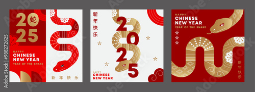 Chinese New Year 2025 banner, Year of the snake. Chinese zodiac snake in geometric flat modern style. greeting cards design with Chinese zodiac snake.