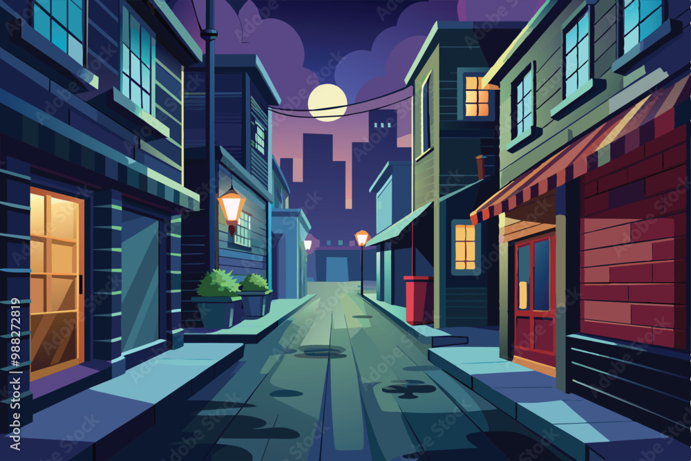 Obraz premium A dark alley bathed in moonlight, featuring colorful buildings, streetlamps, and a hint of urban life in a quiet night atmosphere.